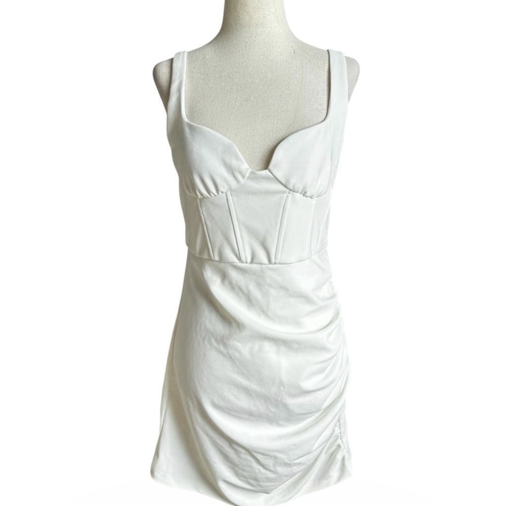 Zara White Corset Ruched Mini Dress Sweetheart Neckline Sleeveless Large | 61-45